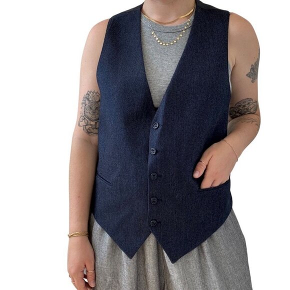 Vintage 1970s Yves Saint Laurent YSL Navy Blue Wool 3 Piece Blazer Suit Set 40R - Picture 2 of 13